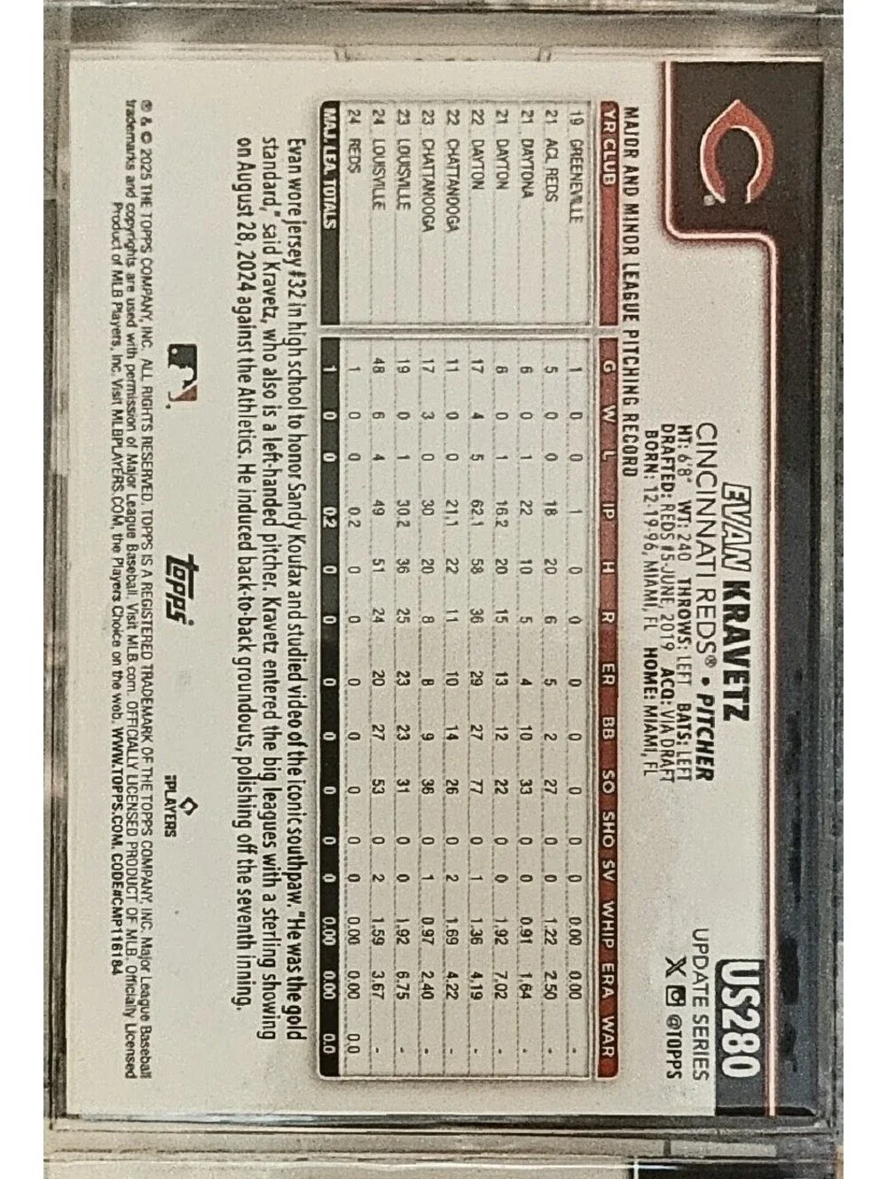 2025 Topps Update #US280 Evan Kravetz Cincinnati Reds RC Baseball Rookie Card